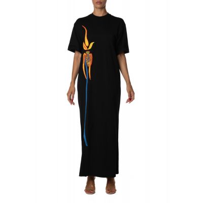 LONG JERSEY DRESS WITH FLOWER EMBROIDERY
